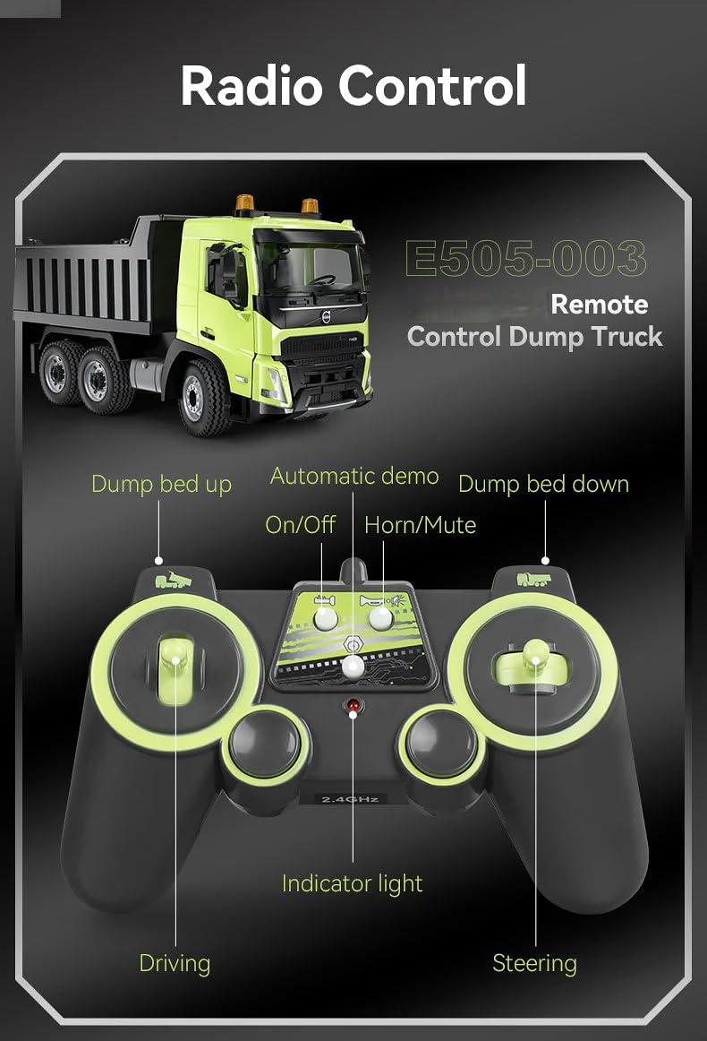 1:20 RC Dump Truck, 2.4GHz RC Construction Construction Vehicle with Remote Lift Dump Bed, LED Lights, Realistic Sounds & Multi-Player Racing for Adults