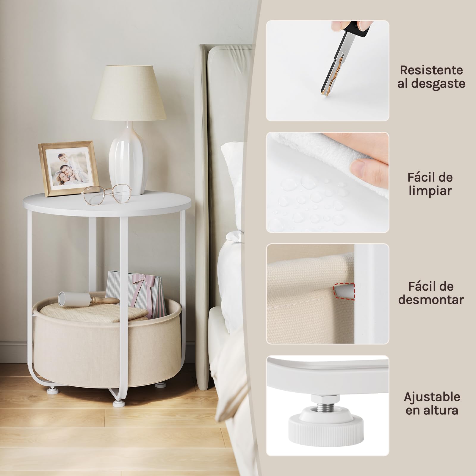 WOLTU Mesita de Cafe Redonda, Mesa Pequeña Auxiliar con Cesta de Lona de Almacenamiento, Estructura de Metal, Mueble Multiuso para Salon, Balcon, Dormitorio, Blanco + Beige