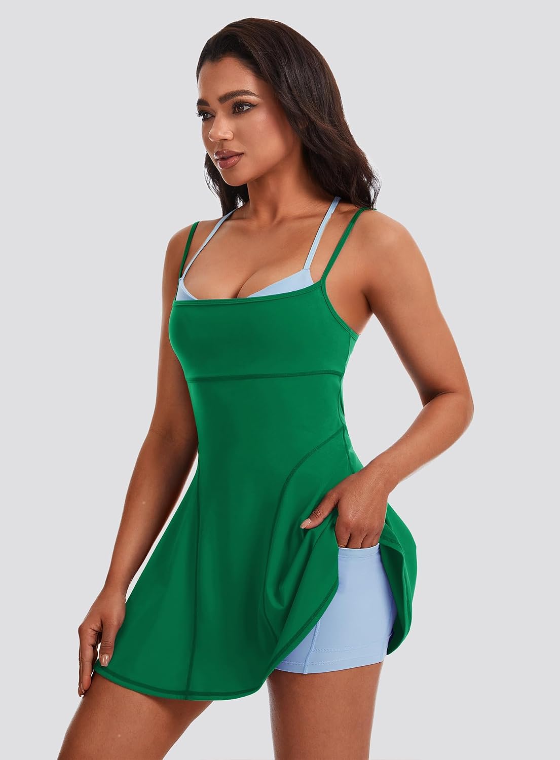 Womens Tennis Dress with Built in Shorts and Bra Sleeveless Spaghetti Strap Athletic Golf Workout Dresses with Pockets