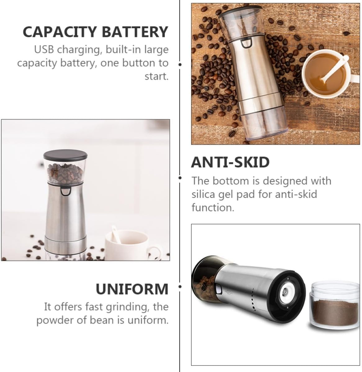 Uonlytech Electric Coffee Bean Grinder Fifth Gear Adjustment with Ceramic Core and Stainless Steel Body, Built-in Large Capacity Battery, USB Rechargeable for Precise Grinding, for