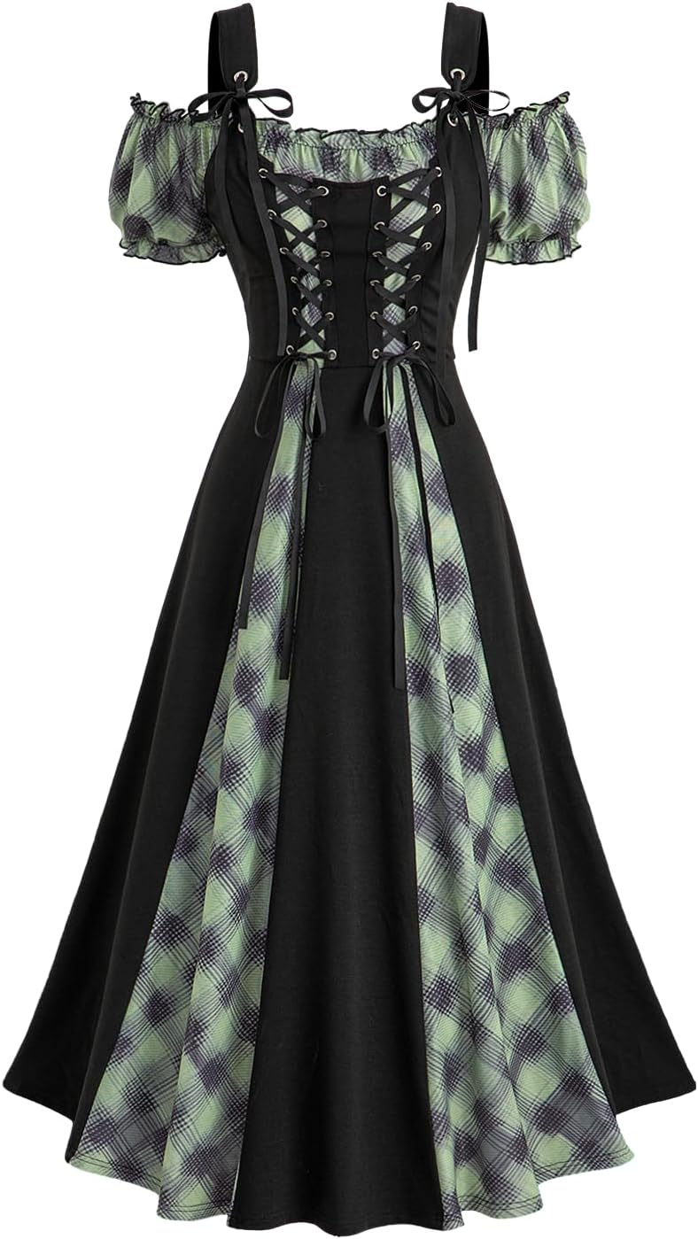 DRESSFO Women Renaissance Costume Gothic Medieval Plaid Print Lace Up Puff Sleeves Dress
