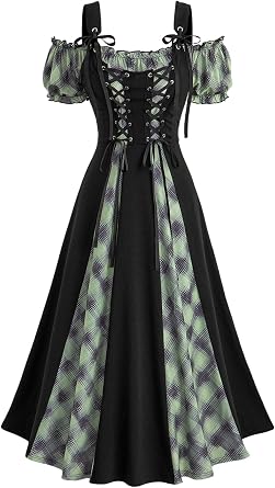 DRESSFO Women Renaissance Costume Gothic Medieval Plaid Print Lace Up Puff Sleeves Dress