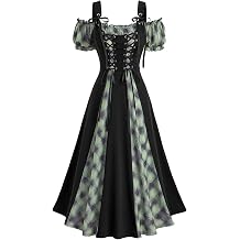 DRESSFO Women Renaissance Costume Gothic Medieval Plaid Print Lace Up Puff Sleeves Dress