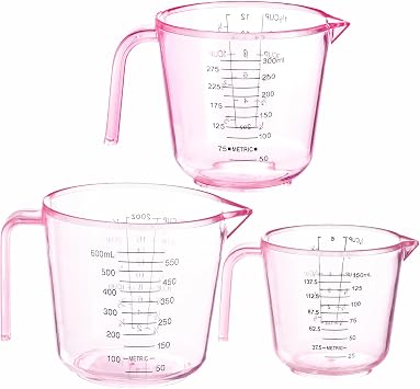 Cute Pink Plastic Measuring Cup - 3 Pack, Home Kitchen Cooking and Baking Seasoning Liquid Measuring Cups, Multiple Scale Identification, with Handle and Triangle Mouth 150ml, 300ml, 600ml
