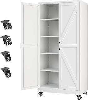 Letaya Metal Garage Storage Cabinet with Wheels,71" White Tool Steel Locker | 2 Doors and 4 Shelves,16”D x 32”W x 71”H,Rolling Metal Cabinet for Warehouse,Utility Room,Laundry,Kitchen,Outdoor,Home Office