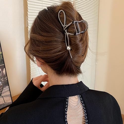 Miniatura 6 de Pinzas de metal grandes para el cabello con diseño de lazo negro y perlas blancas, pinzas antideslizantes para mujeres y niñas, agarre fuerte para