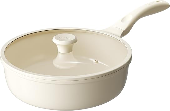 Redchef Nonstick Deep Frying Pan with Lid, Ceramic Saute Pan Skillet, PFOA PFOS Free, Induction Compatible, Stay-Cool Helper Handle, Tempered Glass Cover, Dishwasher Safe, Beige 3.7Qt, 10"