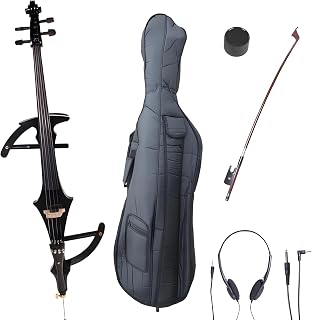 Electric Cello 4/4 Full Size Ebony Fittings with Lightweight Cello Bag, Headphones, Bow, Bridge, Rosin, Cello for Beginners Adults(Metallic Black)
