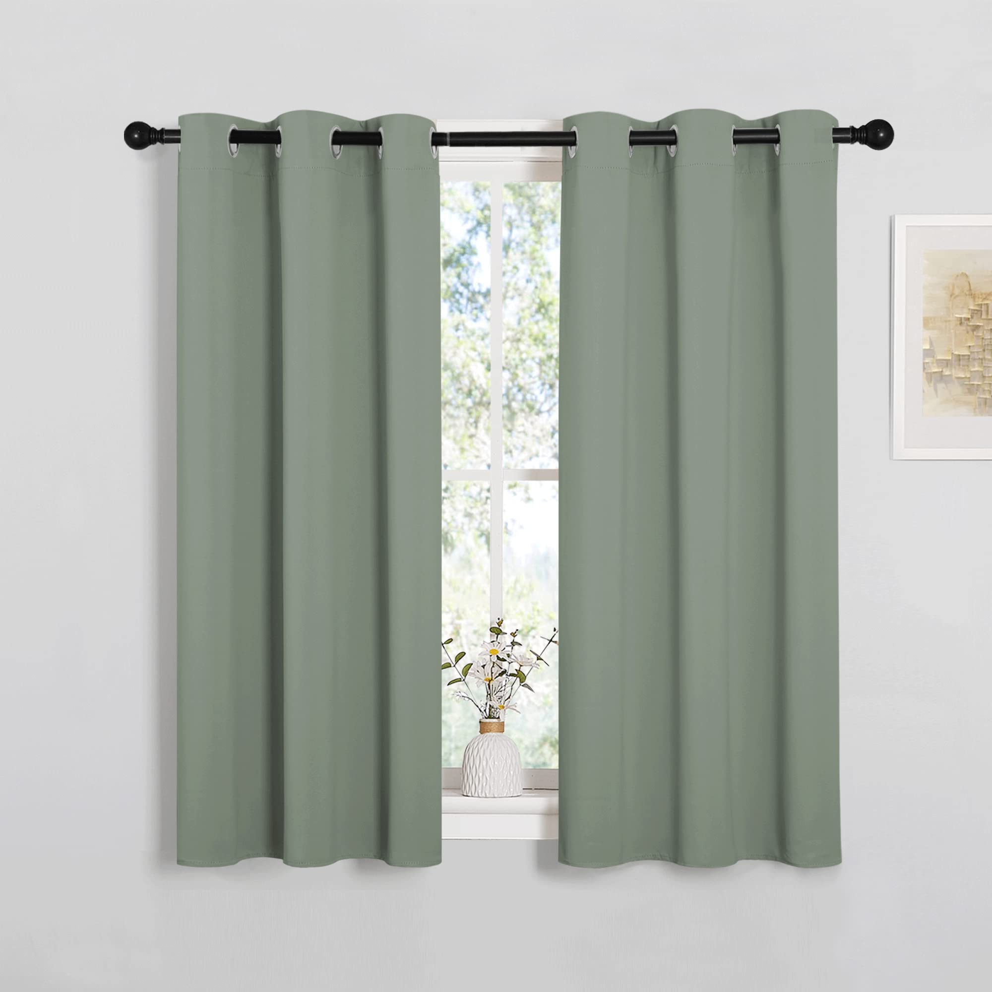 NICETOWN Bedroom Curtain Panels Blackout Draperies, Thermal Insulated Solid Grommet Blackout Curtains/Drapes (Sage Green, 1 Pair, 34 by 45-inch)