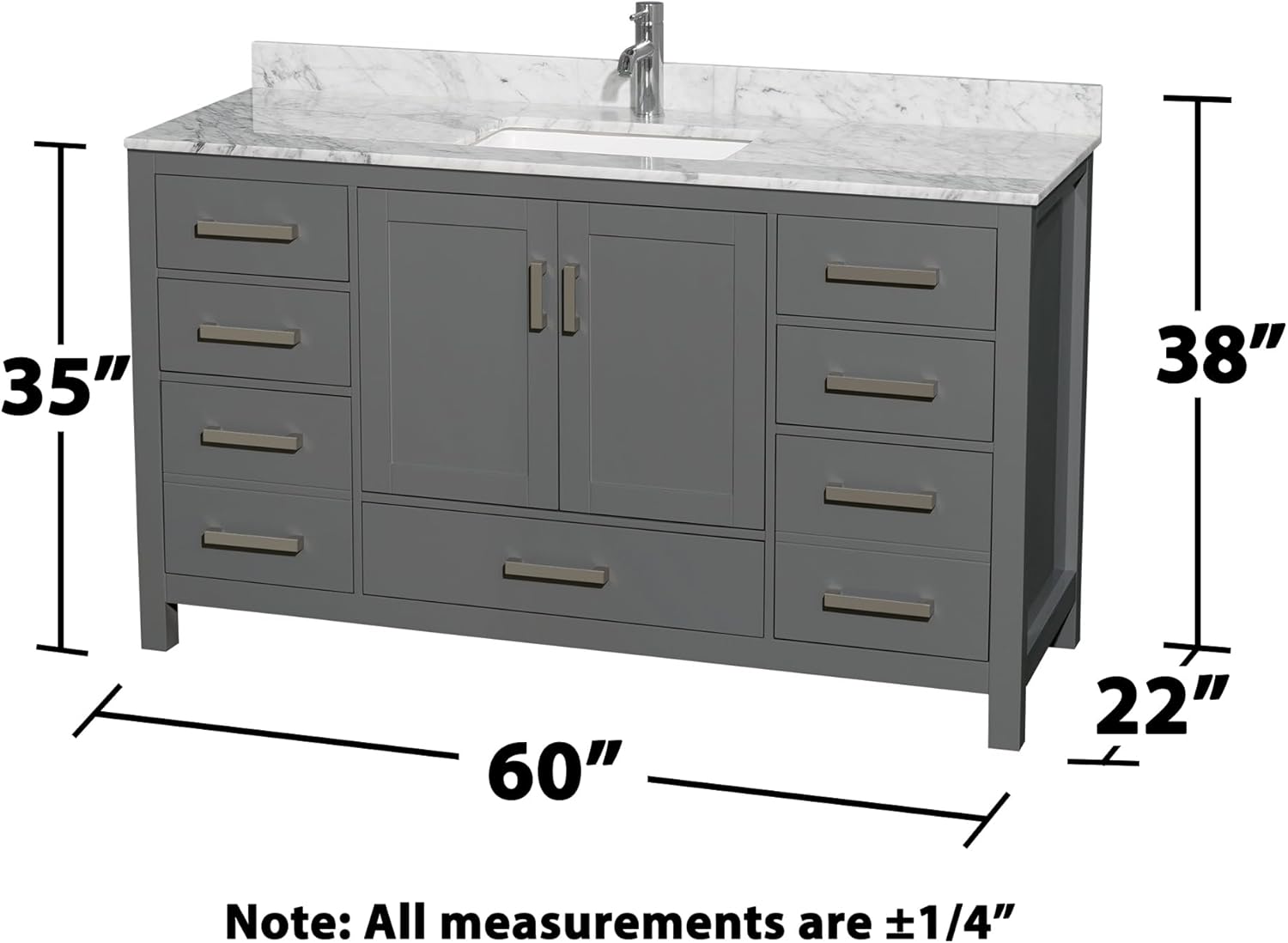 Wyndham Collection Sheffield 60 inch Single Bathroom Vanity in Dark Gray, White Carrara Marble Countertop, Undermount Square Sink, and No Mirror