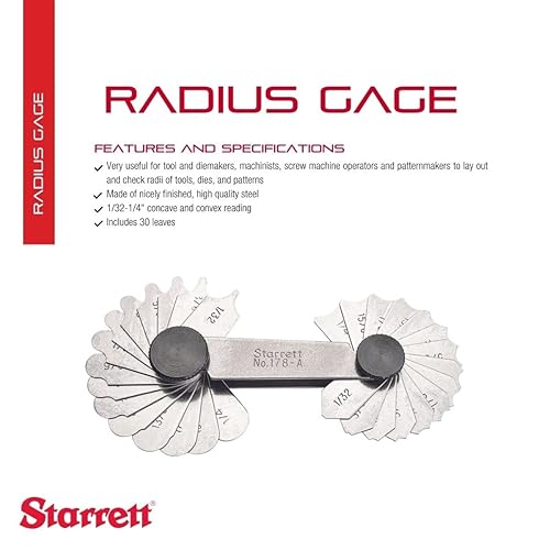 Miniatura 2 de Starrett Medidor de filete o radio para radios convexos y cóncavos, ideal para construcciones, acero inoxidable, 30 hojas, calibre de radio