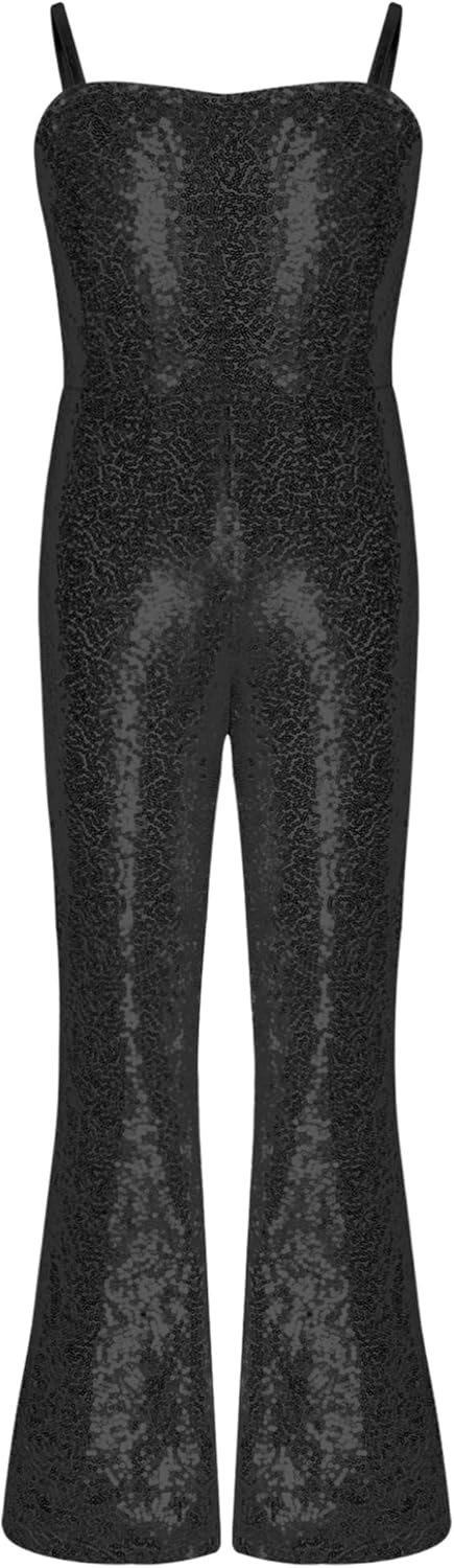 Kids Girls Shiny Sequins Bell Bottoms Dance Jumpsuit Halloween Carnival Party Movie Character Roleplay Dress Up