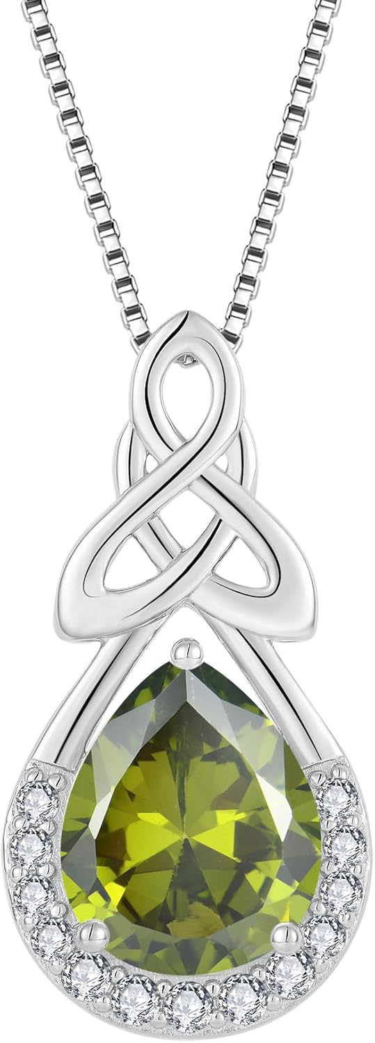 FJ Celtic Knot Necklace 925 Sterling Silver Infinity Teardrop Birthstone Pendant Irish Good Luck Jewelry for Women
