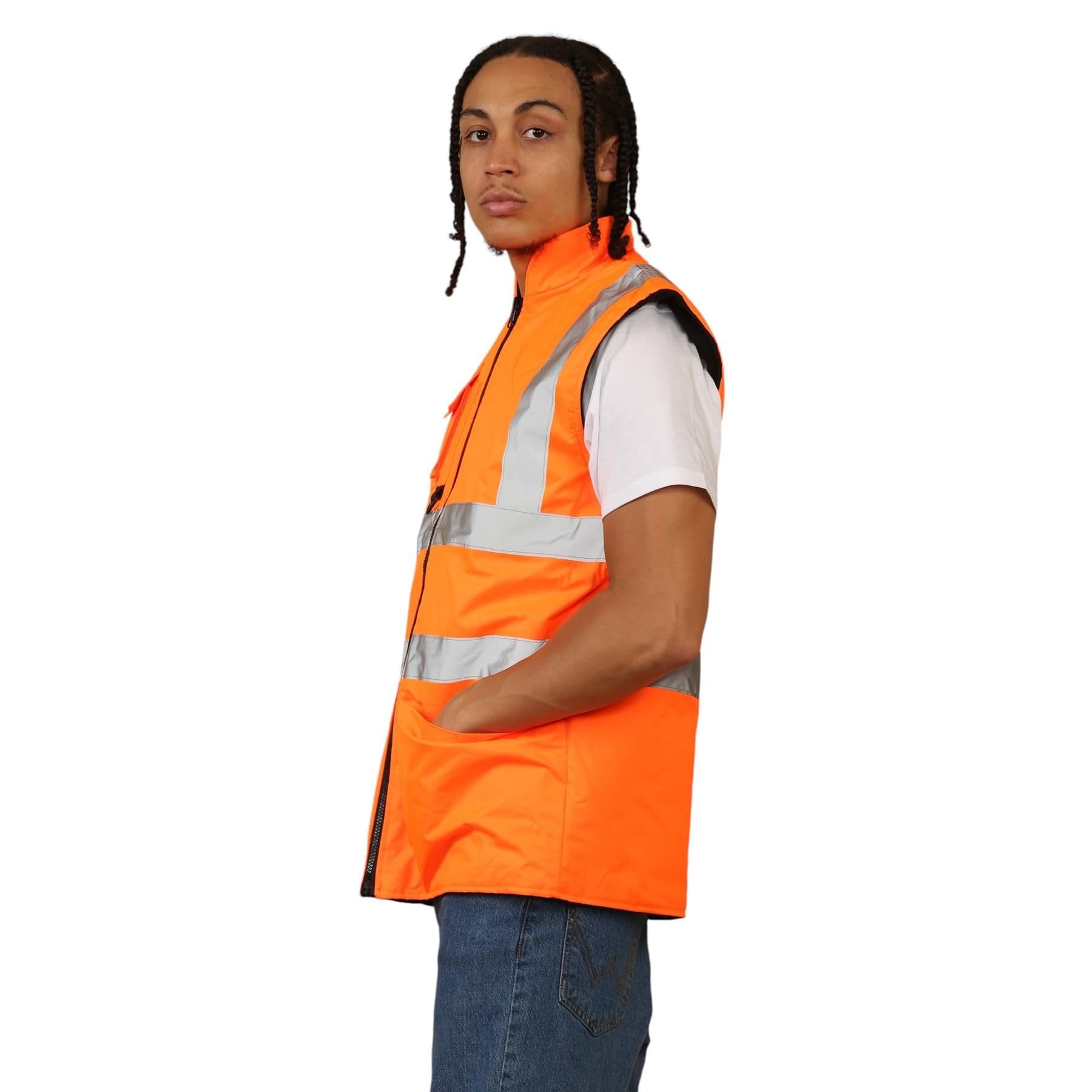 Chaleco de alta visibilidad con forro polar reversible de alta visibilidad para hombre, ropa de trabajo, chaleco de seguridad sin mangas de alta visibilidad con dos bolsillos, soporte para