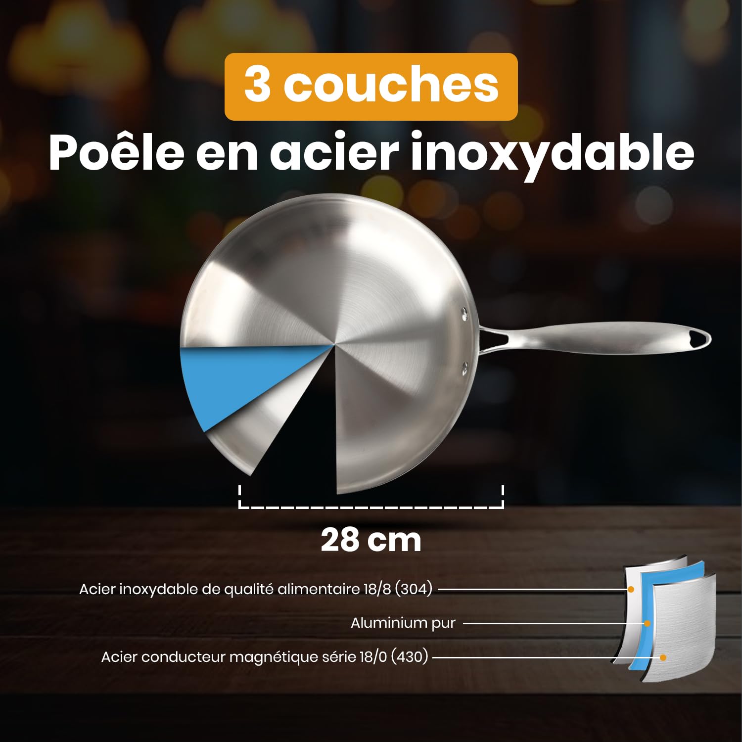 Poele Inox 28cm 18/10 Induction 3 Couches Acier Inoxydable Compatible Tous Feux Gaz Electrique Vitroceramique
