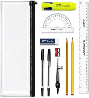 Clear Exam Pencil Case Set – Transparent Stationery Pouch with Exam Essentials Including Pens, Pencils, Ruler, Eraser & Sharpener – School, GCSE, A-Level & Office Stationery Kit
