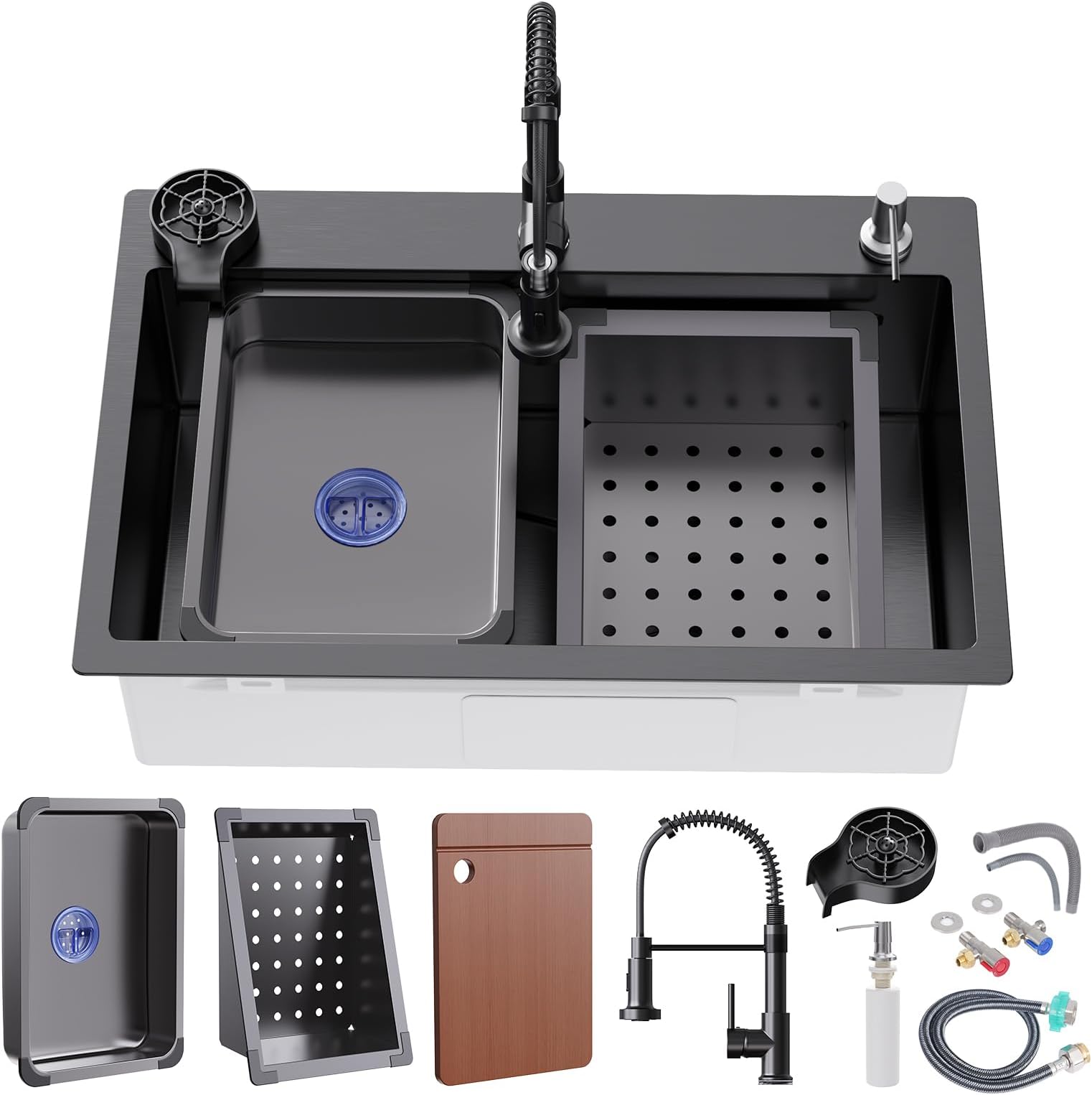 beiheruz 29.5 x 17.7 inch Kitchen Sink, Single Bowl Stainless Steel Sink Multifunctional Drop In Sink with Pull-Down Faucet and Multiple Accessories (Black Grey, 29.52 * 17.71)