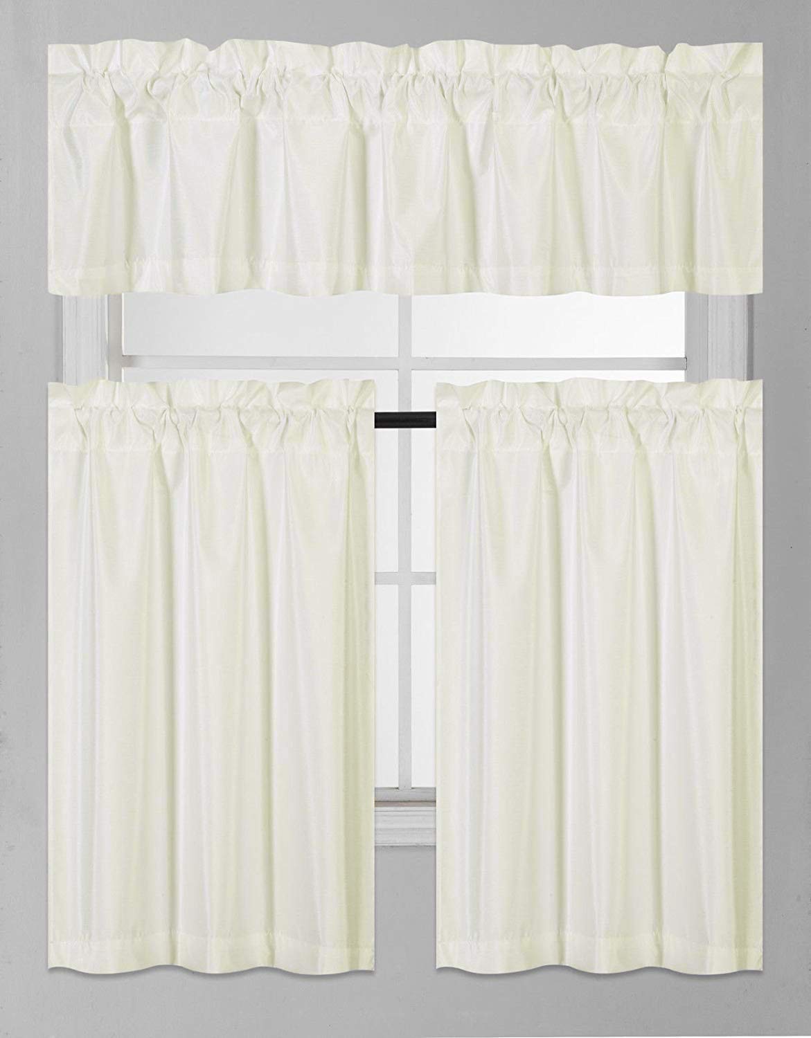 DiamondHome 3 Piece Faux Silk Blackout Kitchen Window Curtain Set 2 Tiers & 1 Valance Lined Thermal Blackout Drape Window Treatment (Ivory)
