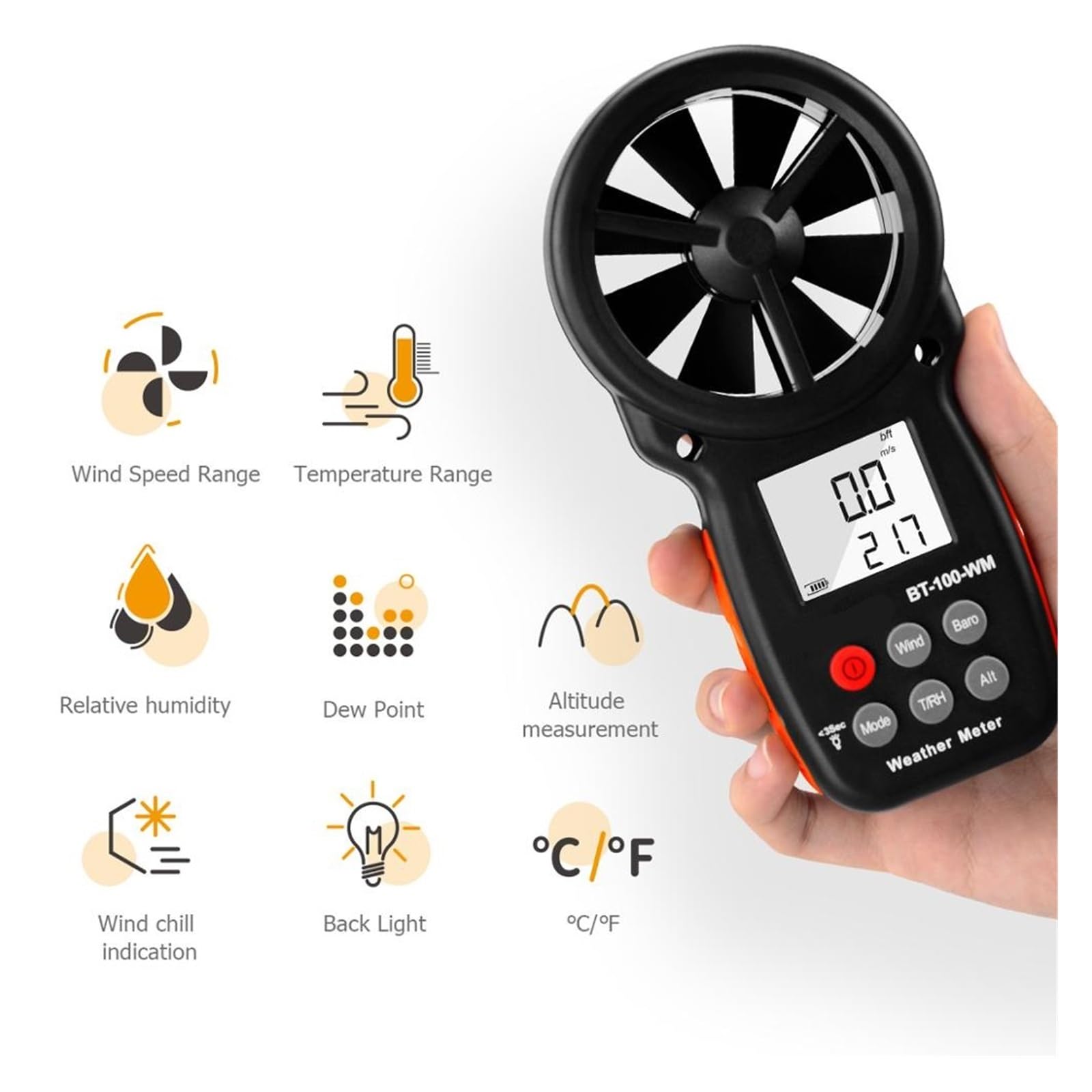 Anemómetro Digital de BT-100-WM for medir la velocidad/temperatura del viento, humedad probador sensación térmica, altitud for escalar Drone HVAC CFM