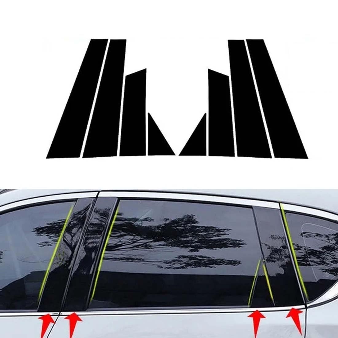 Kit 8 Pezzi Rivestimenti Montanti Finestrini Effetto Specchio Nero Per Nissan Qashqai 2016-2018 - Adesivi Protettivi Pretagliati