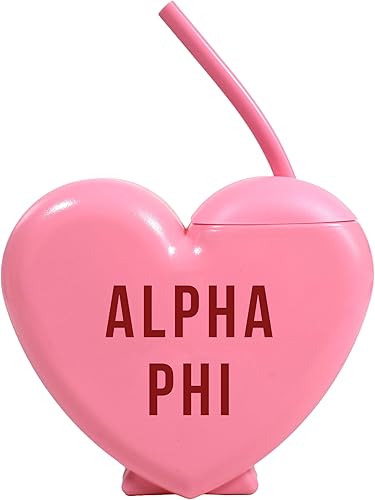 Sorority Shop Alpha Phi - Vaso con popote en forma de corazón de caramelo de 16 onzas con tapa y popote de silicona, vaso de plástico reutilizable