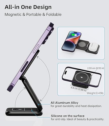 Miniatura 7 de KU XIU X40 - Cargador inalámbrico magnético plegable, estación de carga 3 en 1 de aleación de aluminio para Apple, cargador de viaje de carga rápida