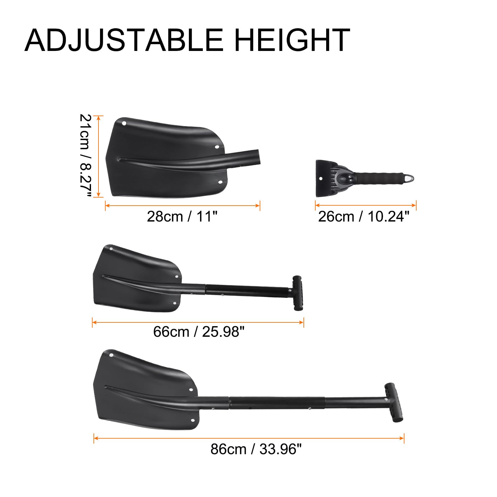 QUARKZMAN Schneeschaufel 3-In-1 Aluminium Schneeschaufel Eiskratzer Schwarz | Notfall Schneeräumungsset, Mit Aufbewahrungstasche, Für Auto Camping Gartenarbeit