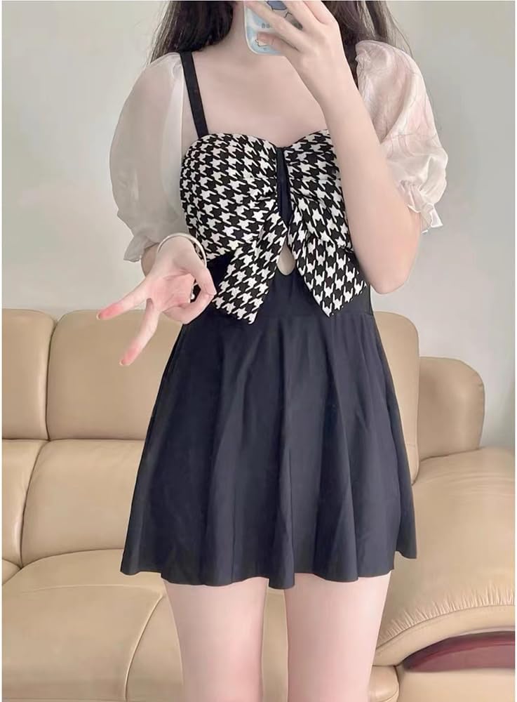 Kawaii Bow One Piece Swimdress Swimsuit for Women Modest Tummy Control Bathing Suit High Waist Swimwear