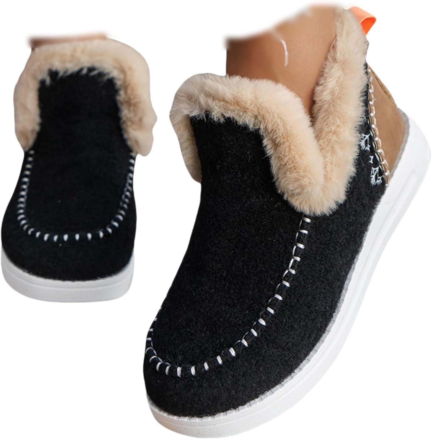 SACFOF Womens Winter Flat Fluffy Snow Boots,Warm Faux Fur Lining Anti-Slip Slip on Loafer Casual Outdoor Plush Short Booties