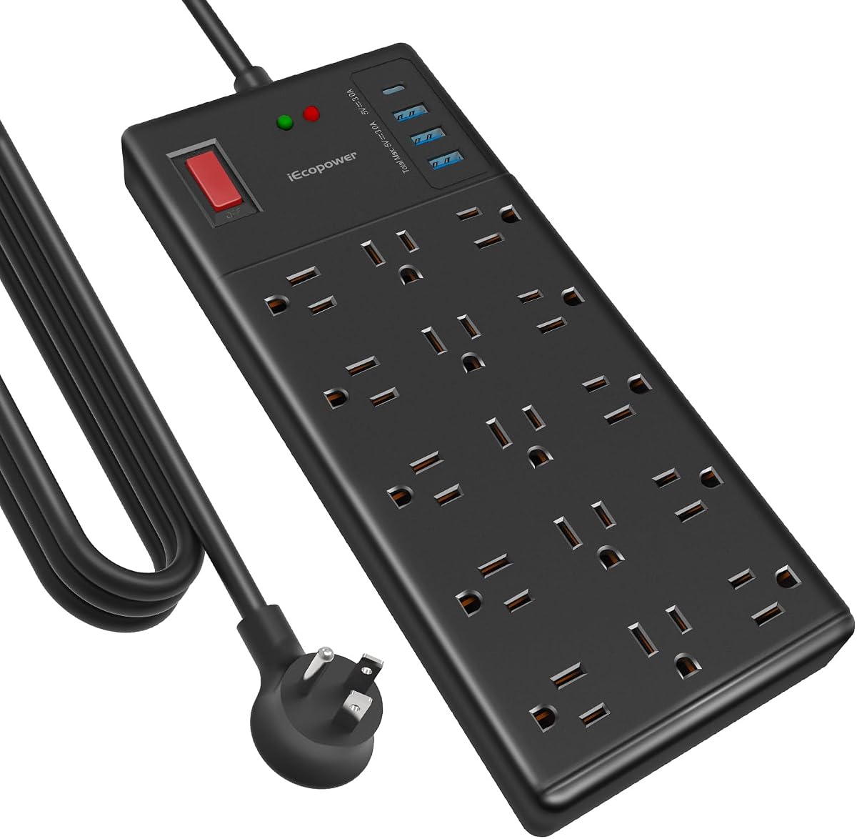 Tira de alimentación con protector contra sobretensiones, cable de 10 pies, 15 tomas de corriente ampliamente espaciadas y 4 puertos USB (1 puerto USB C), cable de extensión de 14 AWG, tira de alimentación resistente de 1875 W/15 A, cable de 10 pies, 2800 J, negro