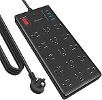 Power bar 15 ft cord-15 Widely Spaced Outlets and 4 USB Ports(1 USB C Port),14 AWG Extension Cord,1875W/15A Heavy Duty Power Strip Surge Protector 15 ft Cord,2800J,Black