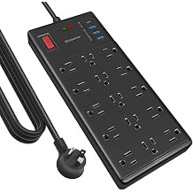 Surge Protector Power Strip 10 ft cord-15 Widely Spaced Outlets and 4 USB Ports1 USB C Port,14 AWG Extension Cord,1875W/15A Heavy Duty Power Strip Surge Protector 10 ft Cord,2800J,Black