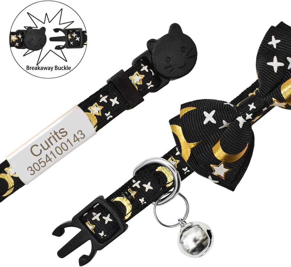 Personalized Cat Collar with Name Tag & Bell,Custom Cute Stars Moons Kitten Collar with Nameplate,Adjustable Safety Breakaway Cat Collars with Bow Tie (fit 8.0''-11.0'',Black)