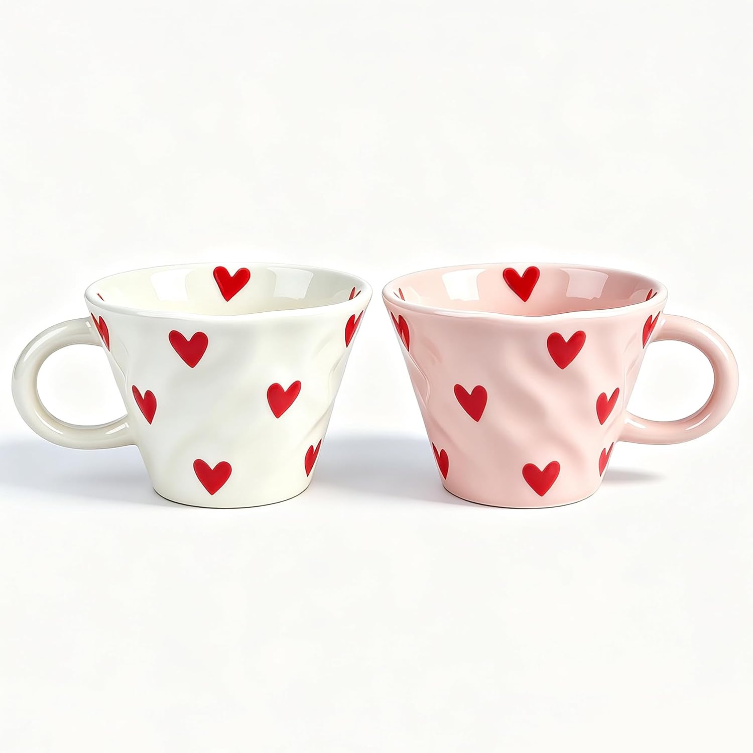 Ceramic Cappuccino Cups Set of 2, 8 oz Matching Coffee Mugs with Pink and Cream Heart Pattern, Microwave Dishwasher Safe, Cute Espresso Cups for Coffee Latte Tea, Sweet Gift for Women Mom Girl Friend