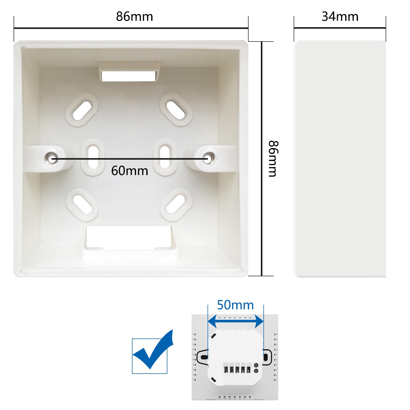 Beok Scatola montata a superficie per termostato di riscaldamento a pavimento Custodia montata a superficie per scatole da incasso, universale 86x86mm Bianco