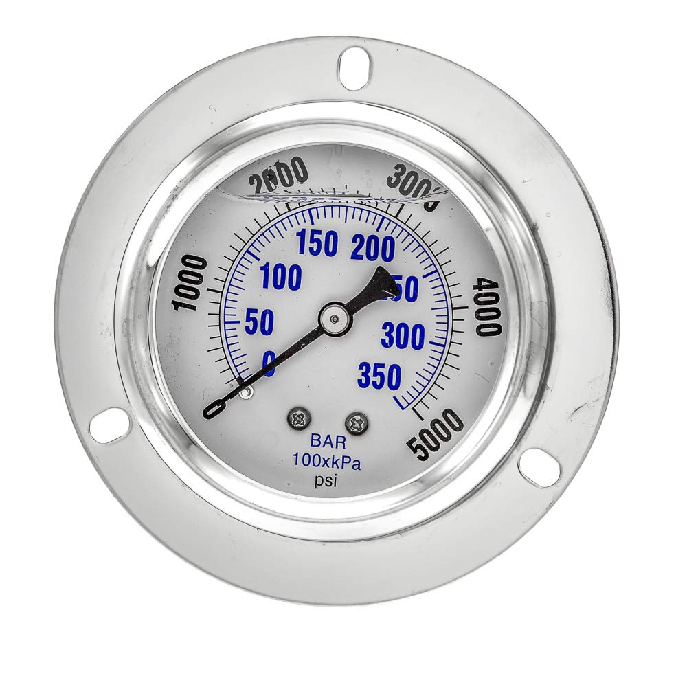 PIC Gauges 204L-404R Front Flanged Panel Mount Glycerine Filled Pressure Gauge w/ SS Case/Bezel, Brass Internals, PC Lens, 4" Dial, 0/5000 psi Range, 1/4" Male NPT
