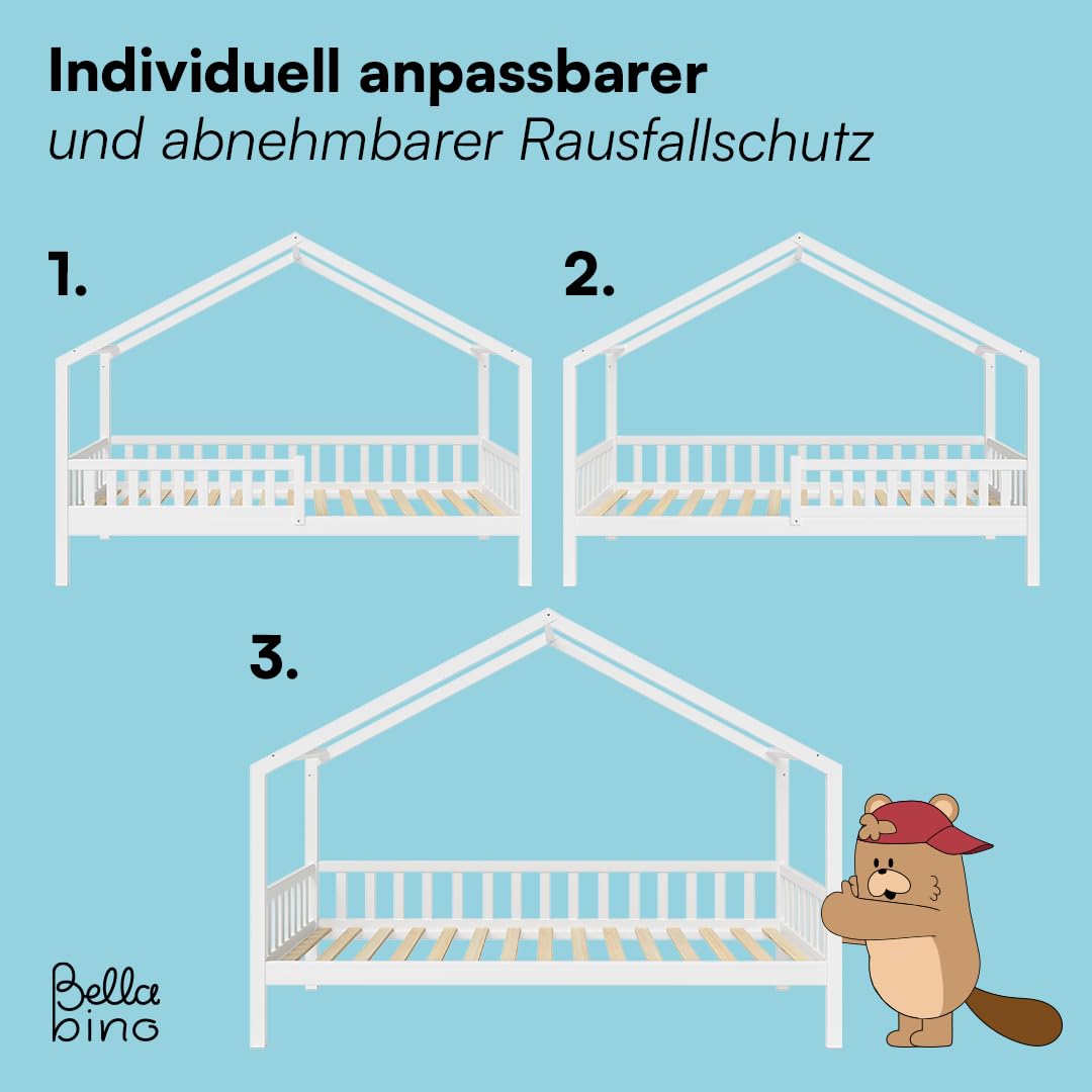Bellabino Vils Kinderbett 90x200cm, Gästebett & Hausbett, Massivholz Kiefer | Weiß, Kinderbett mit Rausfallschutz & Lattenrost, Montessori-Bett, massives Kieferholz, Bett für Jungen & Mädchen, Bettrahmen