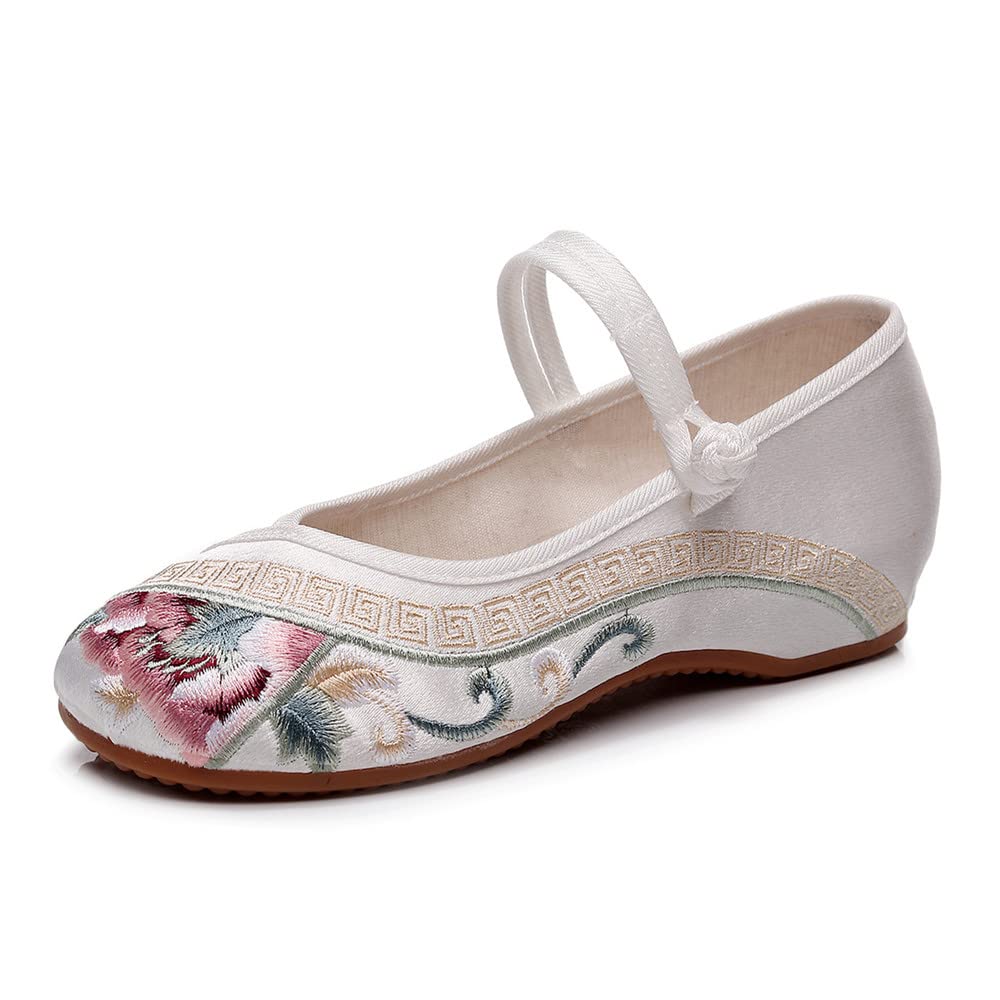BININBOX Womens Handmade Floral Embroidered Canvas Shoes - Casual Round Toe Mary Jane Ballet Yoga Flats Slip On Shoes