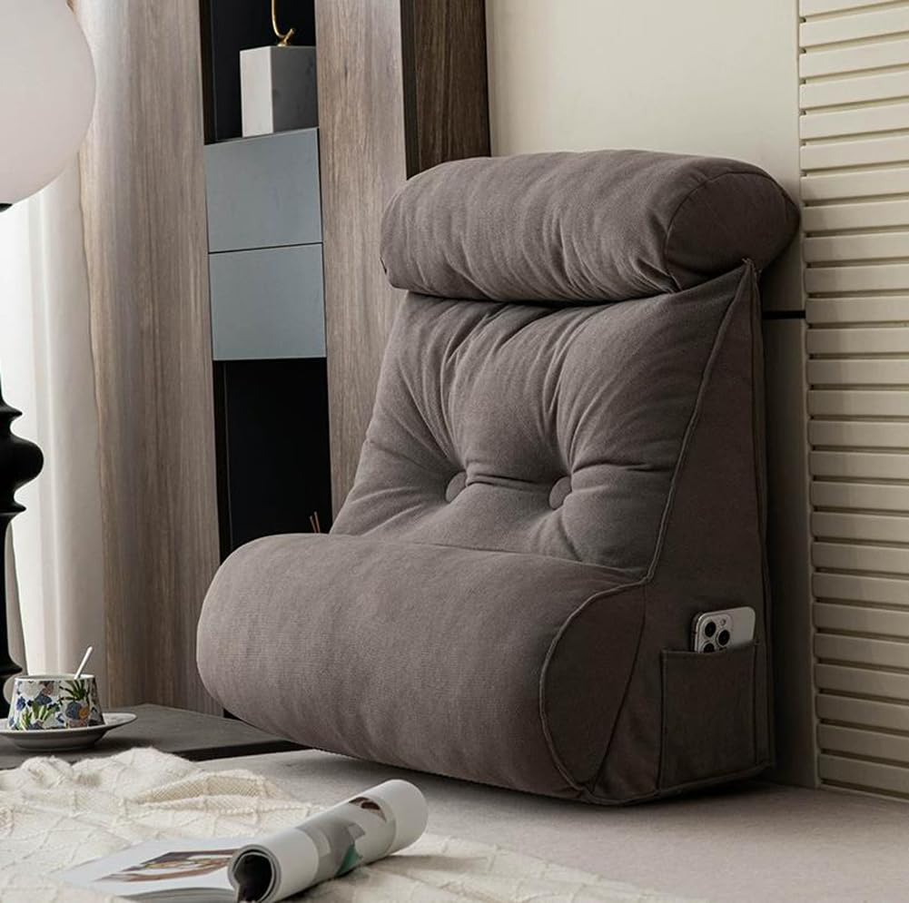HEANCRIE Ergonomic Lumbar Positioning Support Reading Pillow with Neck Bolster,60cm Thicken Backrest Cushion,Elasticity Headrest Pad with Side Pocket for Bed Relax (Dark Grey,60X50X30CM)