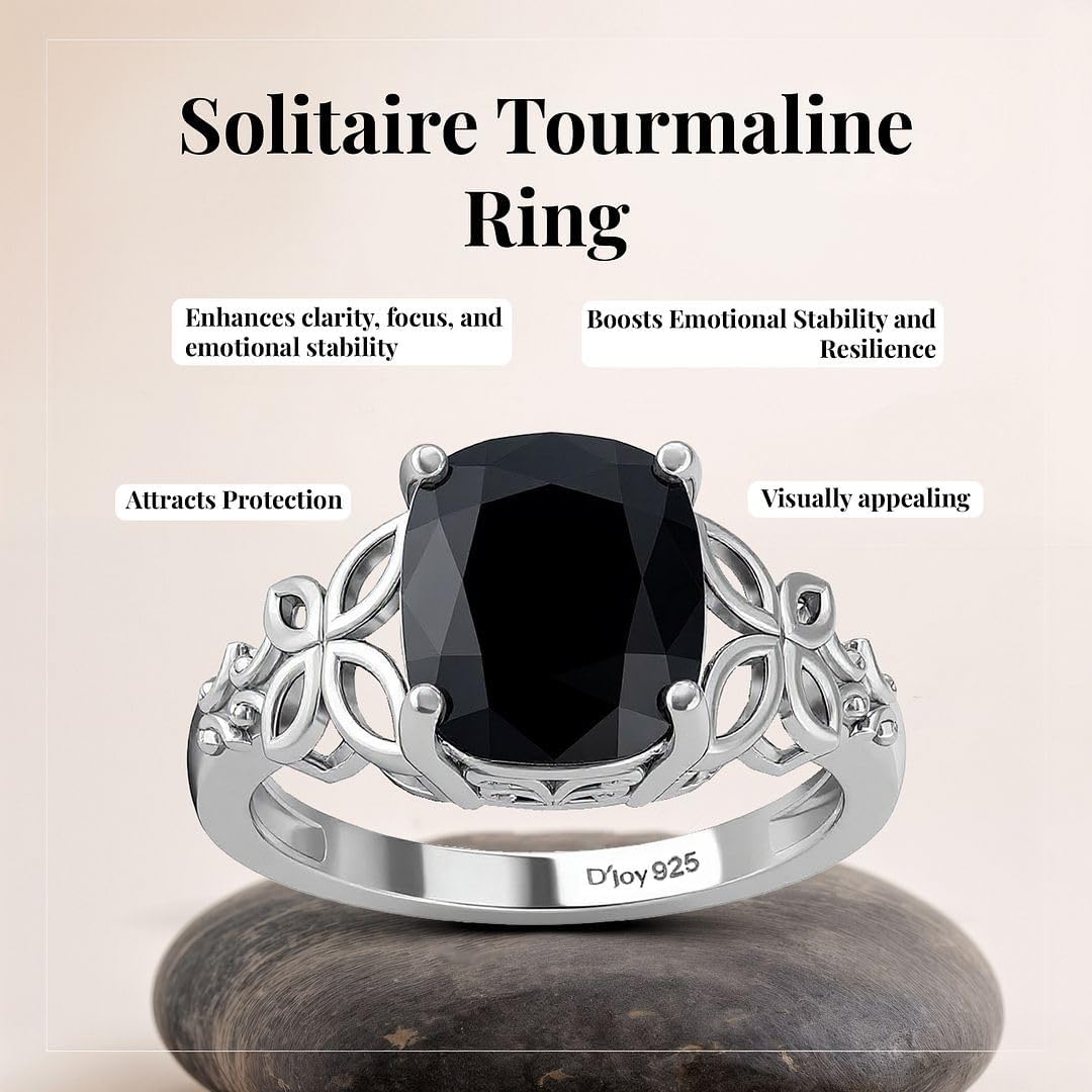 Black Tourmaline Ring in 925 Sterling Silver - October Birthstone Rings for Women - Engagement Promise Floral Statement Vintage Solitaire Tourmaline Jewelry Gifts for Womens - Image 3