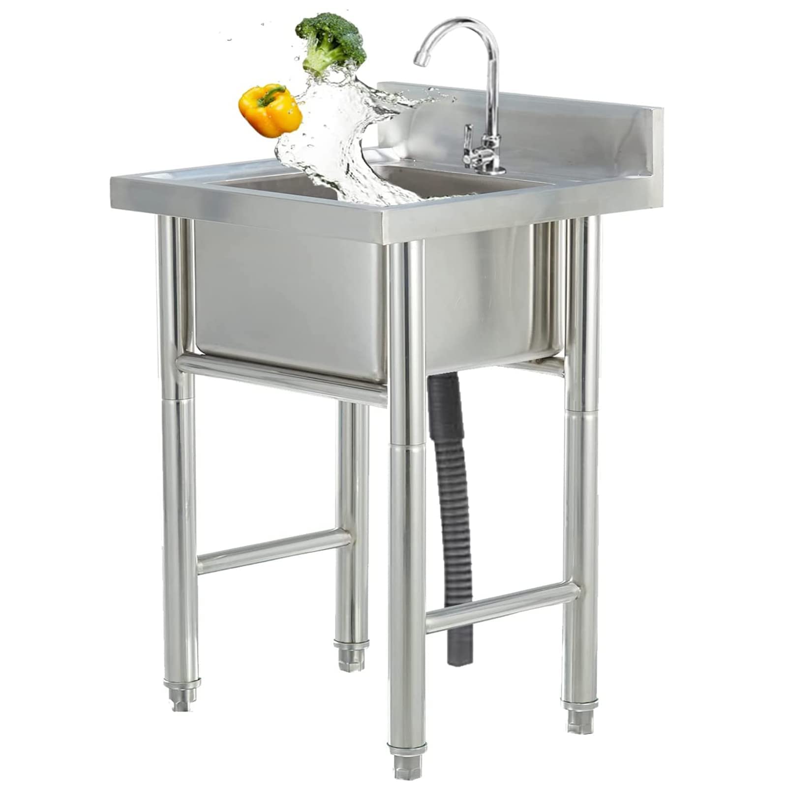 YNIYUJKL Stainless Steel Utility Sink With Faucet Single Bowl Commercial Kitchen Sink Freestanding Design For Outdoor Garden Laundry Washing And Backyard Use,50cm