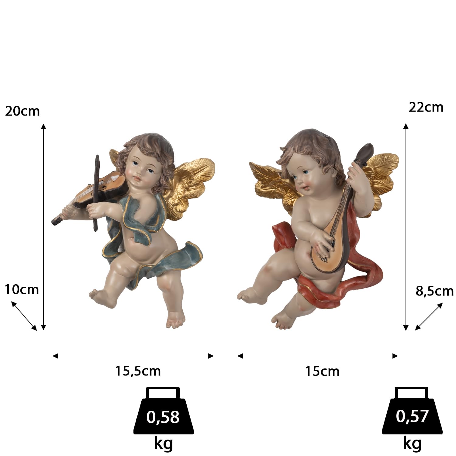 Moritz 2er Set große Engel Hängedeko aus Polyresin - musizierende Deko-Engel mit Geige & Mandoline, goldene Flügel, ca. 20-22 cm, liebevoll gestaltet für Wand oder Fenster