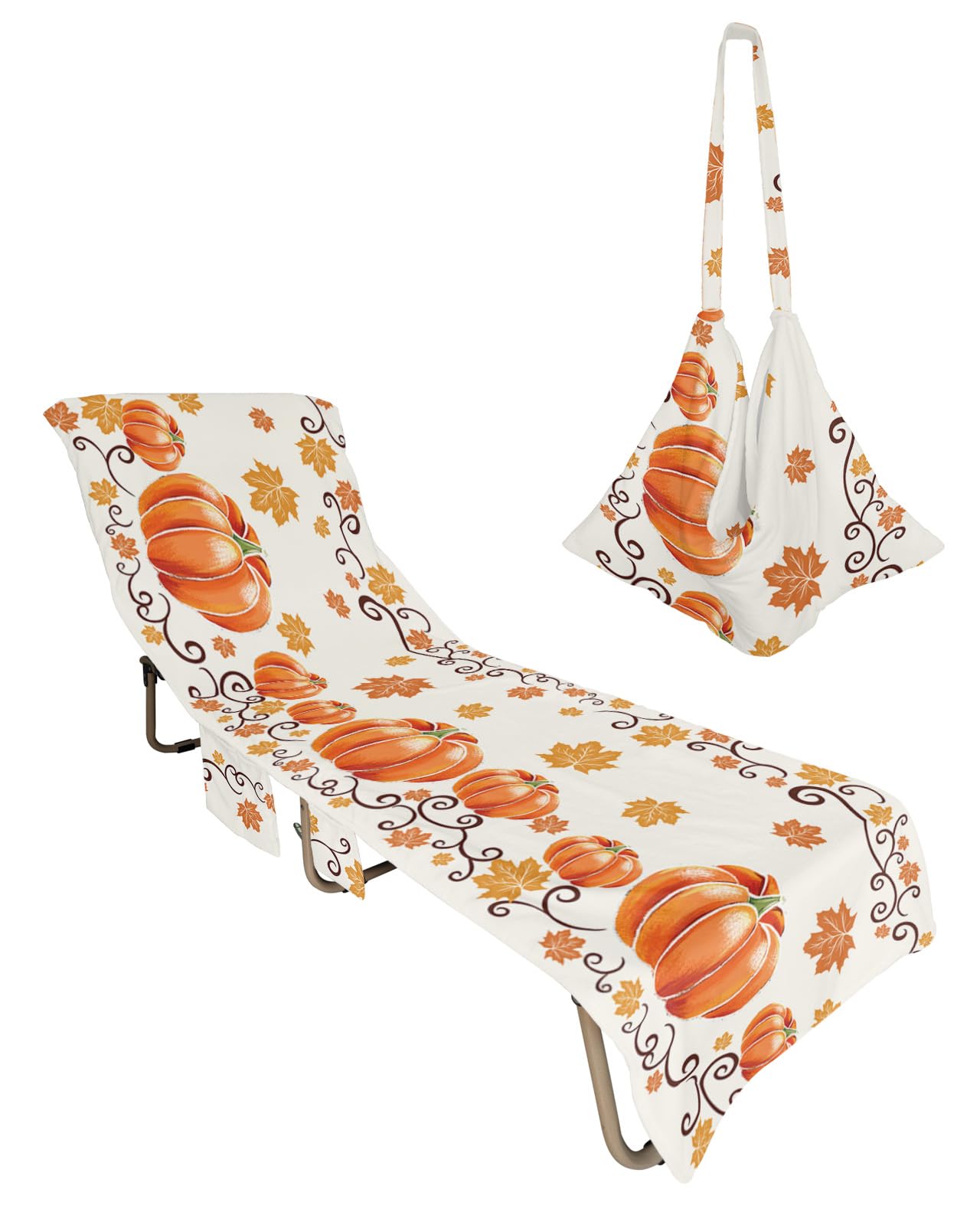 Fall Pumpkin Beach Pool Patio Lounge Chaise Chair Cover Towel with Pockets,Absorbent & Quick Dry Microfiber Towel Cover Bag Summer Travel Accessories for Sunbathing Thanksgiving Maple Leaves Orange