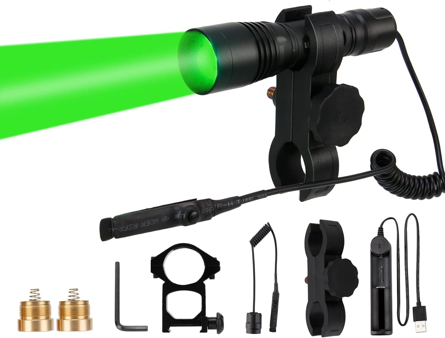 S2plus Premium Scope Mounted Hunting Light Kit, Interchangeable Green Red White LED Modules, High Power Zoomable Flashlight Torch for Coyote, Predator, Varmint, Coon& Hog
