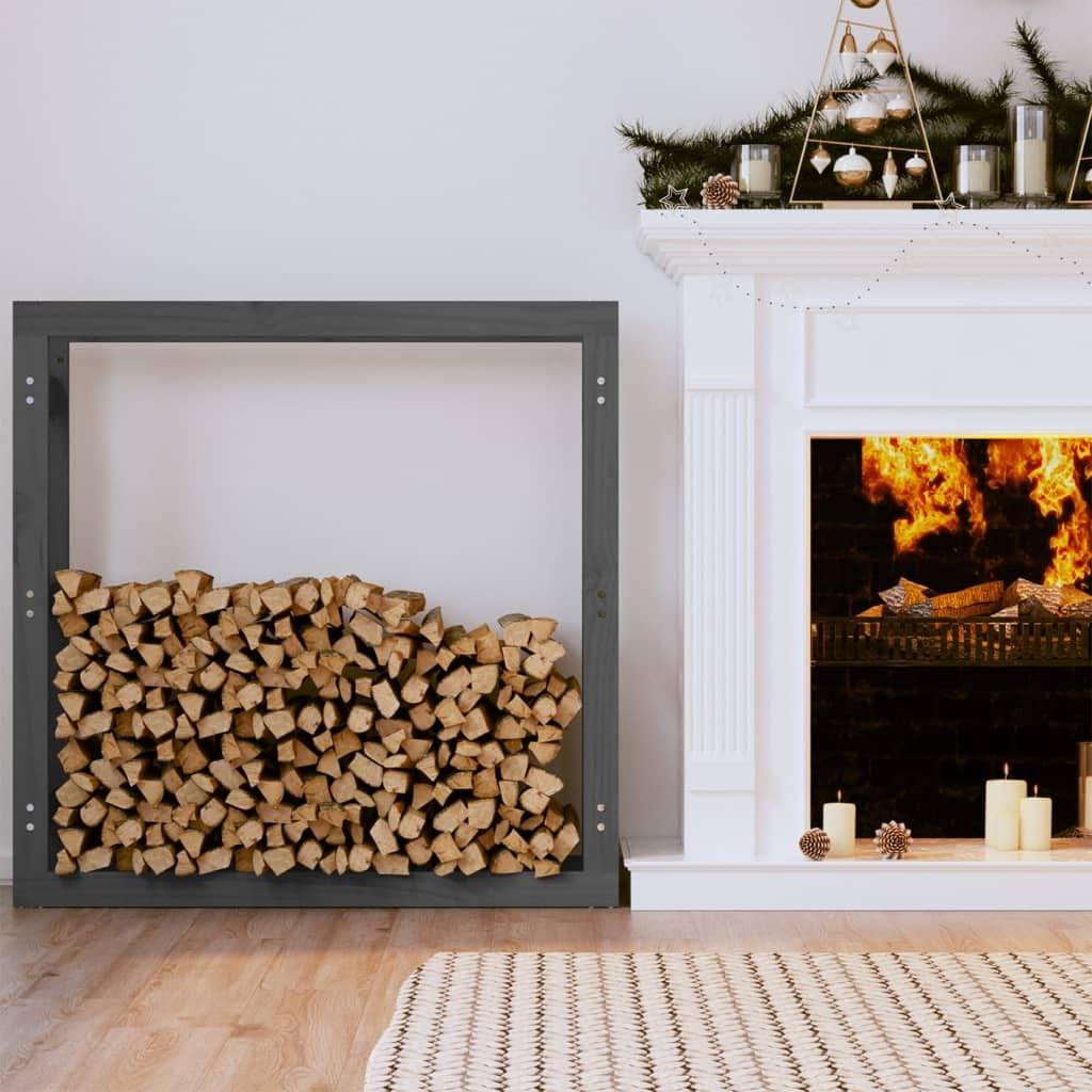 Estantería para leña gris de madera de pino maciza, 100 x 25 x 100 cm, soporte para leña para interior y exterior, soporte apilable para almacenamiento en seco junto a chimenea y estufa de