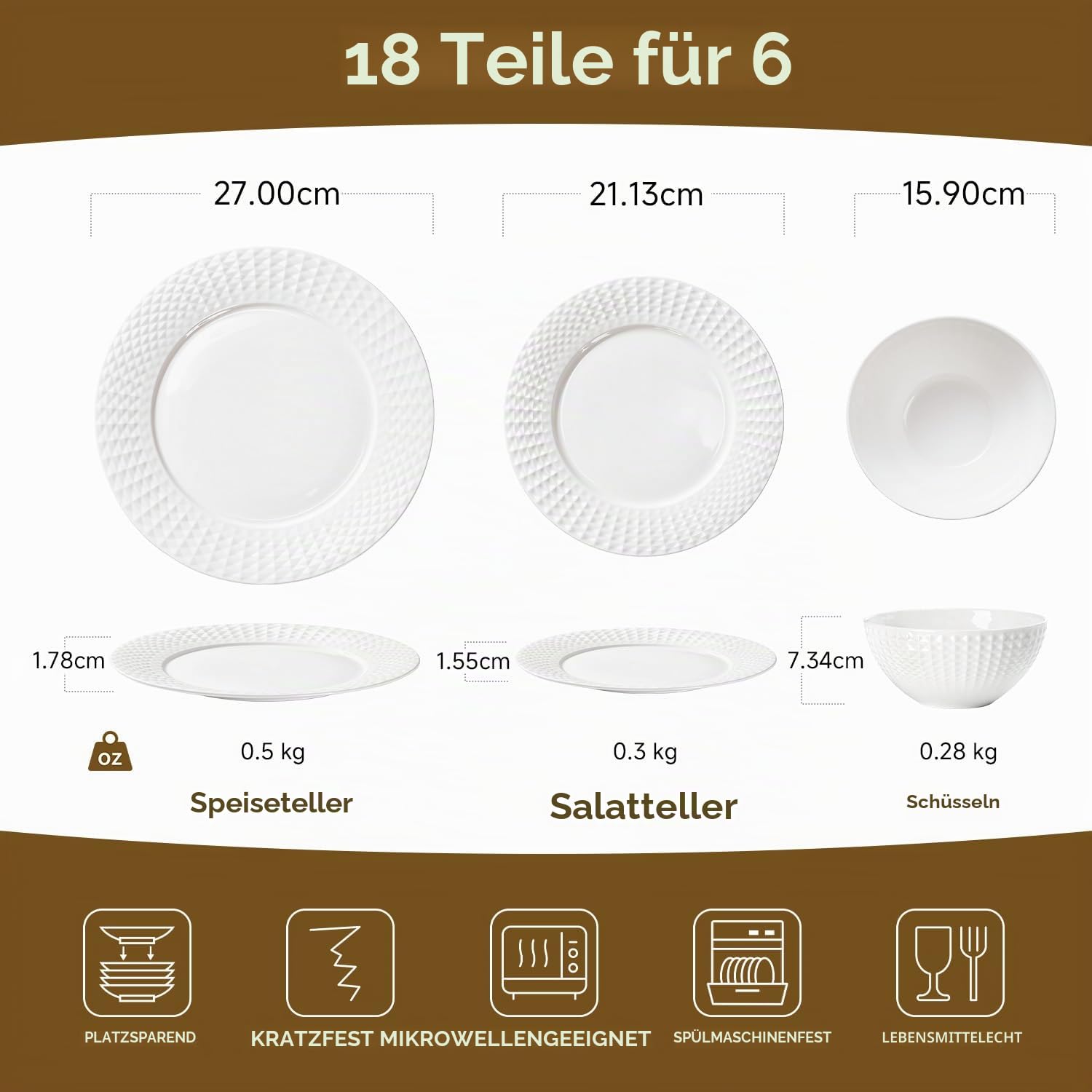 HIKAA Knochenporzellan Geschirrset 6 Personen, 18-teiliges Teller Set Mikrowellen und Spülmaschinenfest, Tafelservice mit Rhombusförmigem Randdesign, Kombiservice für Familie, Feiertag, (Weiß)