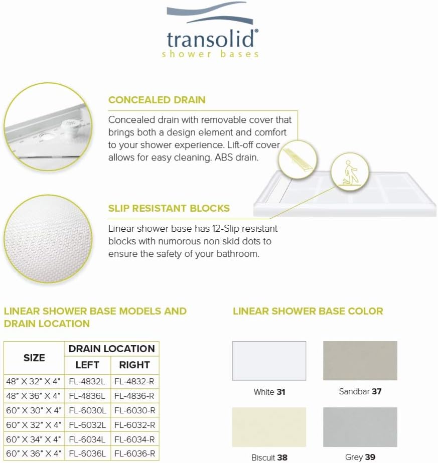 Transolid FL4832L-39 Linear 48-in W x 32-in L Rectangular Alcove Concealed End Drain Shower Base with Left Hand Drain, Grey