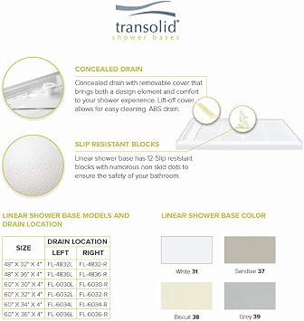 Transolid FL4836R-31 Linear 48-in W x 36-in L Rectangular Alcove Concealed End Drain Shower Base with Right Hand Drain, White