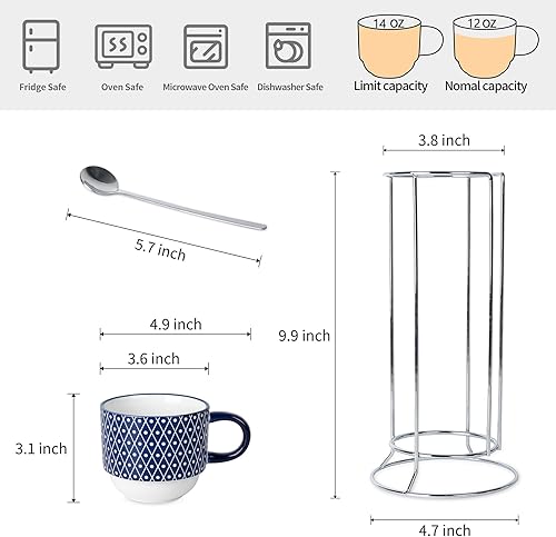 Miniatura 2 de Selamica Juego de tazas de café de cerámica, apilables de 14 onzas, tazas grandes de capuchino de porcelana con cucharas y estante de soporte,