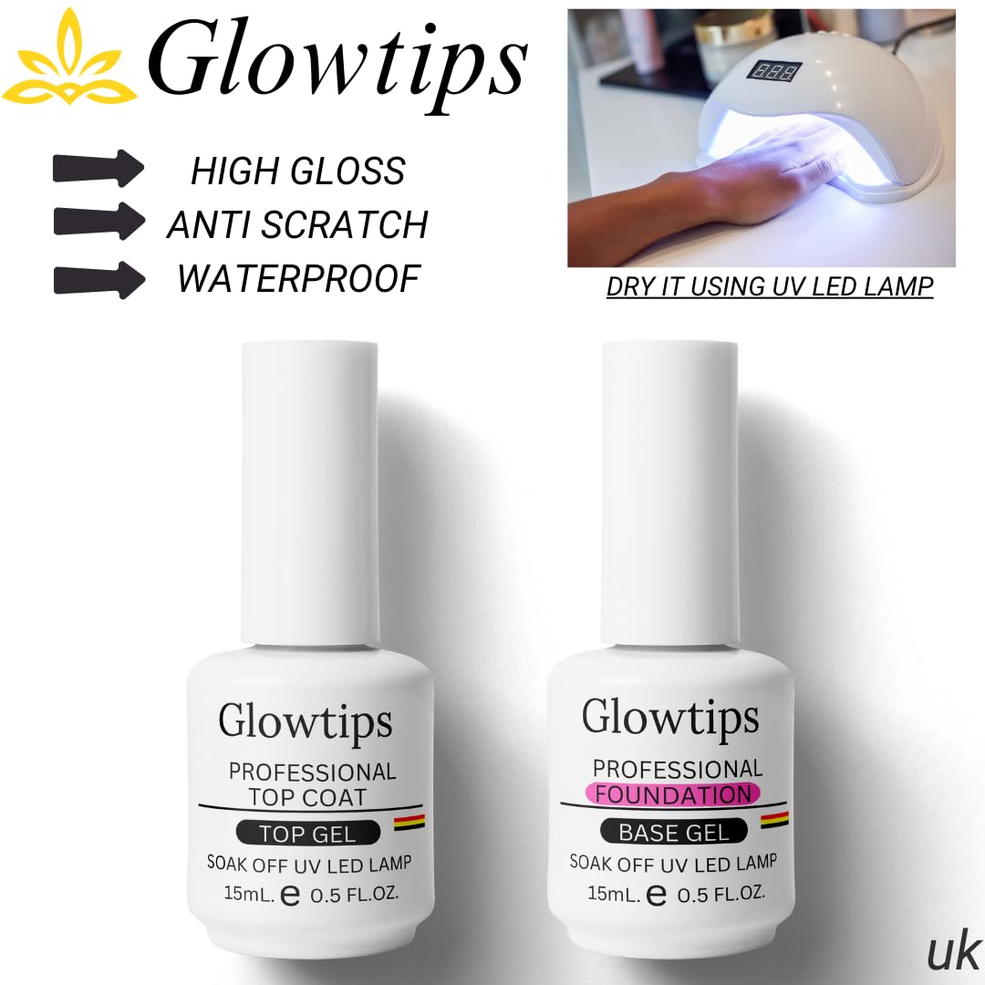 Glowtips Nail Dehydrator and Primer with Gel Base & Top Coat Set, & Cuticle Oil Acid Free Acrylic Nail Supplies Primer Glossy Gel Nail Polish Top Coat Starter Kit (MACHINES SE SIKHENGI)(UV LAMP REQUIRED) 15ML X 5